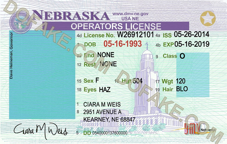 Nebraska Fake ID Template Large